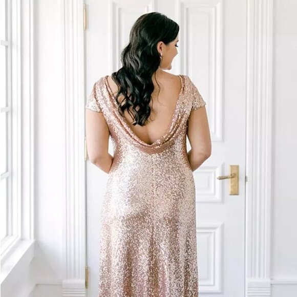 Revelry Chloe Sequin Scoop Neck Cap Sleeve Low Back Dress Gown, Gold, Size 4 NWT - Picture 15 of 16
